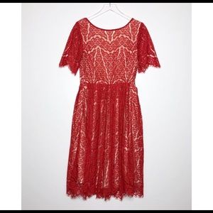 ESHAKTI Lace Overlay A-Line Dress Red
